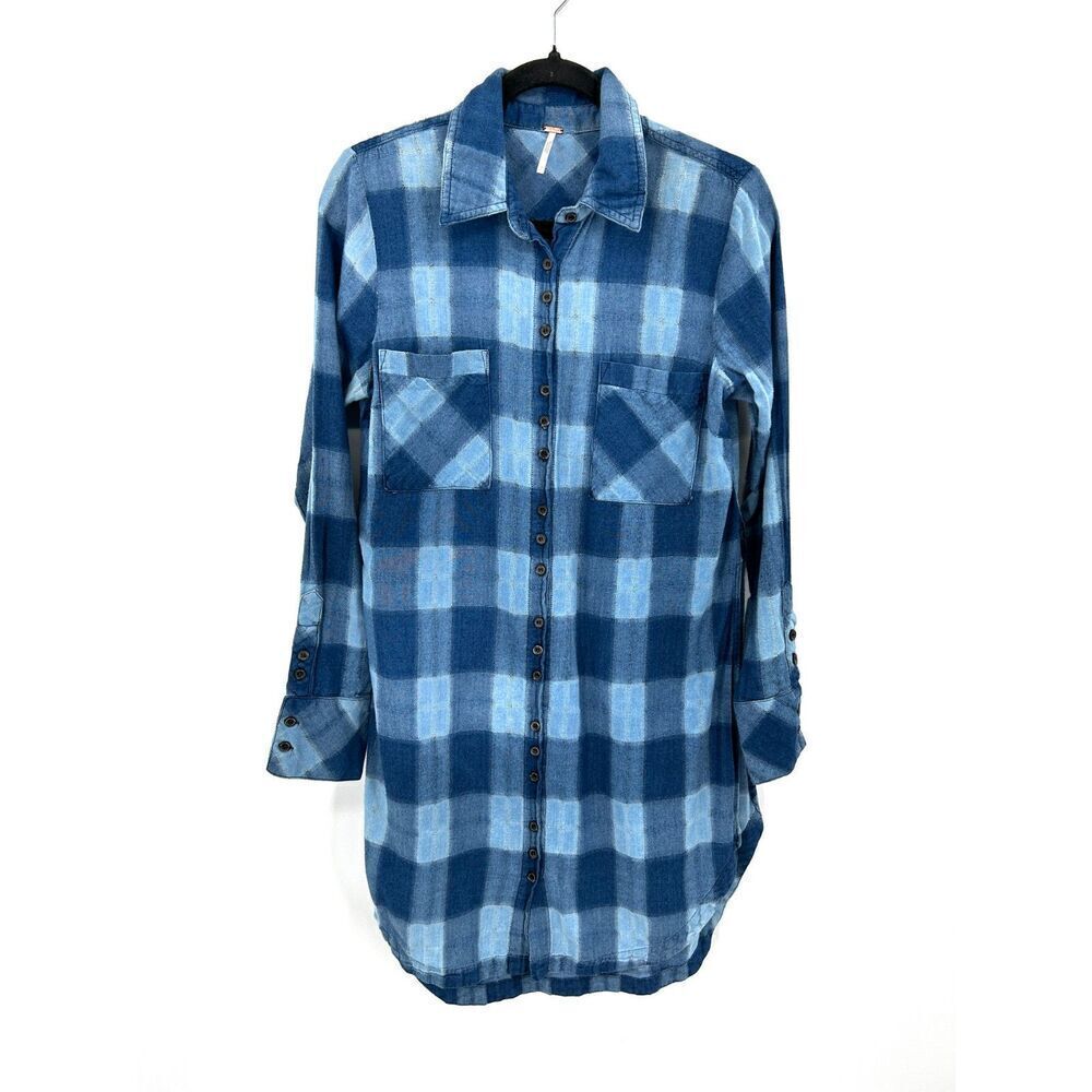 FREE PEOPLE Blue Plaid Oversized Button Up Long Sleeve Tunic Shirt Size Small